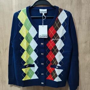 Ganni Women's Argyle Cardigan - Navy with Multicolor